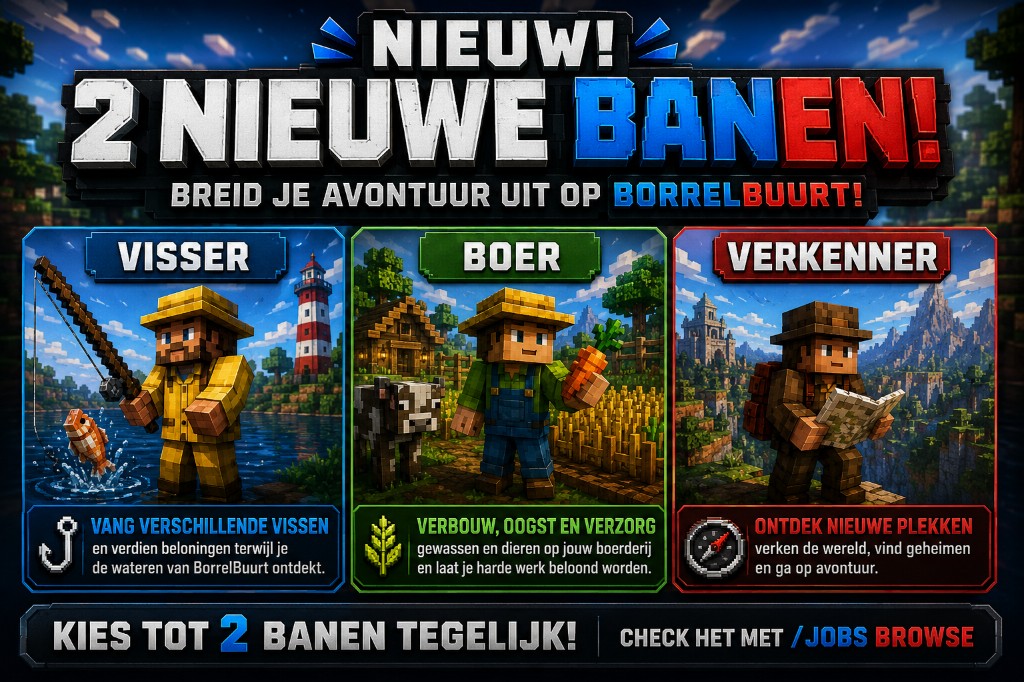 Nieuw: 2 nieuwe banen — Visser, Boer en Verkenner. Kies tot 2 banen tegelijk met /jobs browse