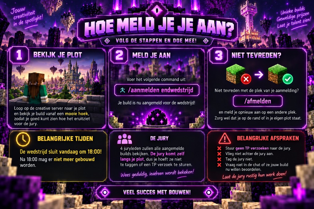 Hoe meld je je aan — /aanmelden endwedstrijd, sluit om 18:00, geen TP of tag naar de jury