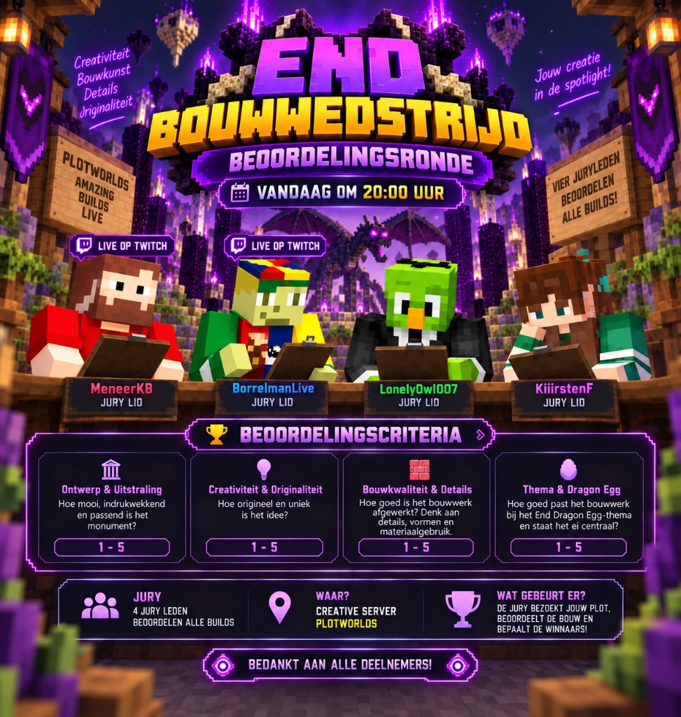 End bouwwedstrijd beoordelingsronde — vandaag om 20:00, jury MeneerKB, BorrelmanLive, LonelyOwl007 en KiiirstenF