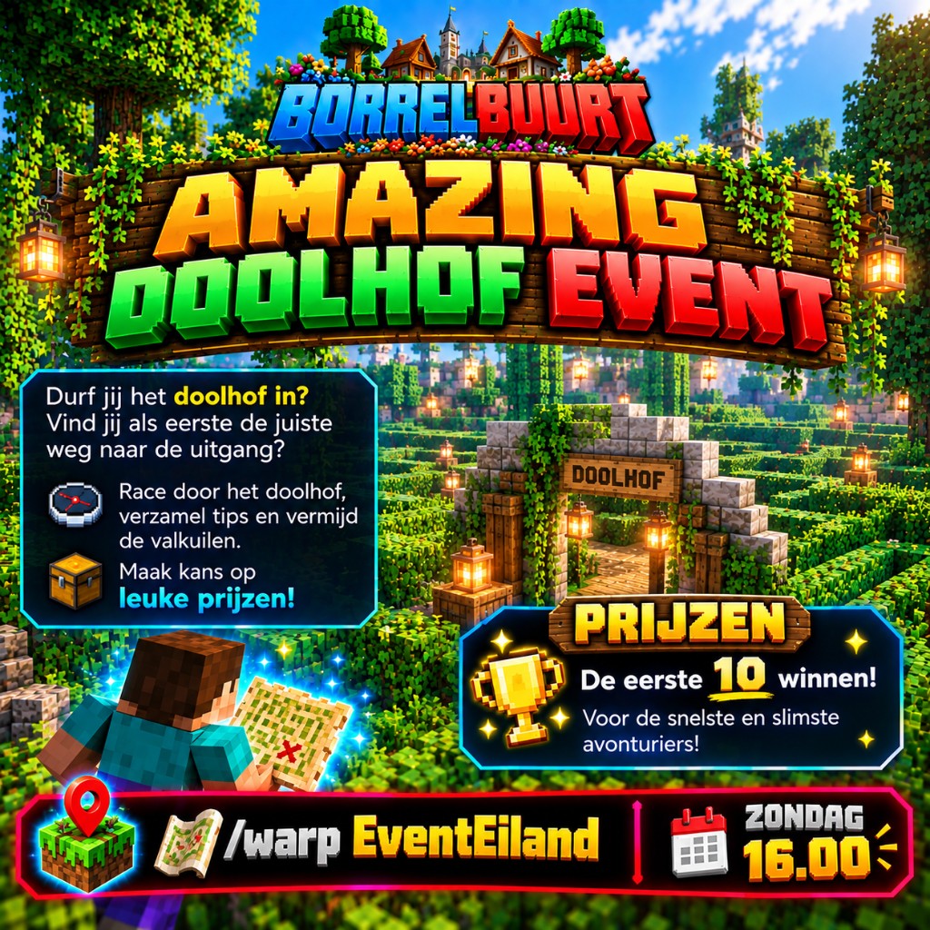 Amazing Doolhof Event — zondag 16:00 via /warp EventEiland, eerste 10 winnen
