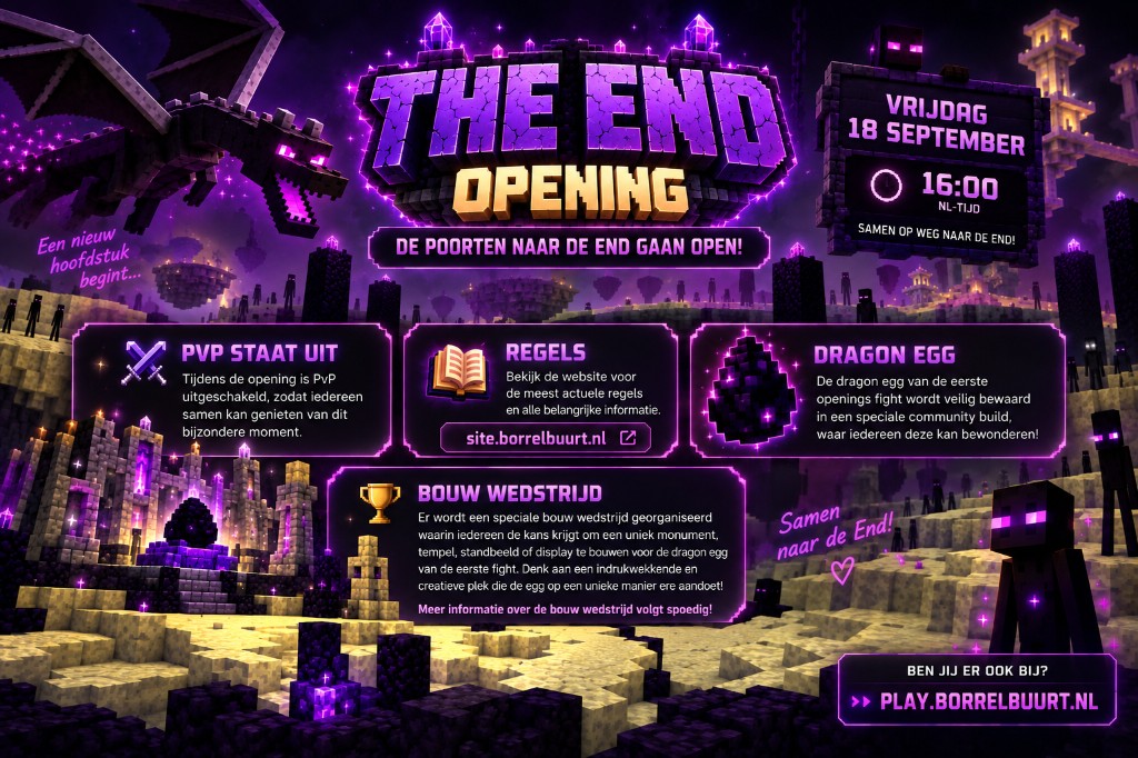 The End Opening — vrijdag 18 september om 16:00 NL-tijd, PvP uit, dragon egg & bouw wedstrijd