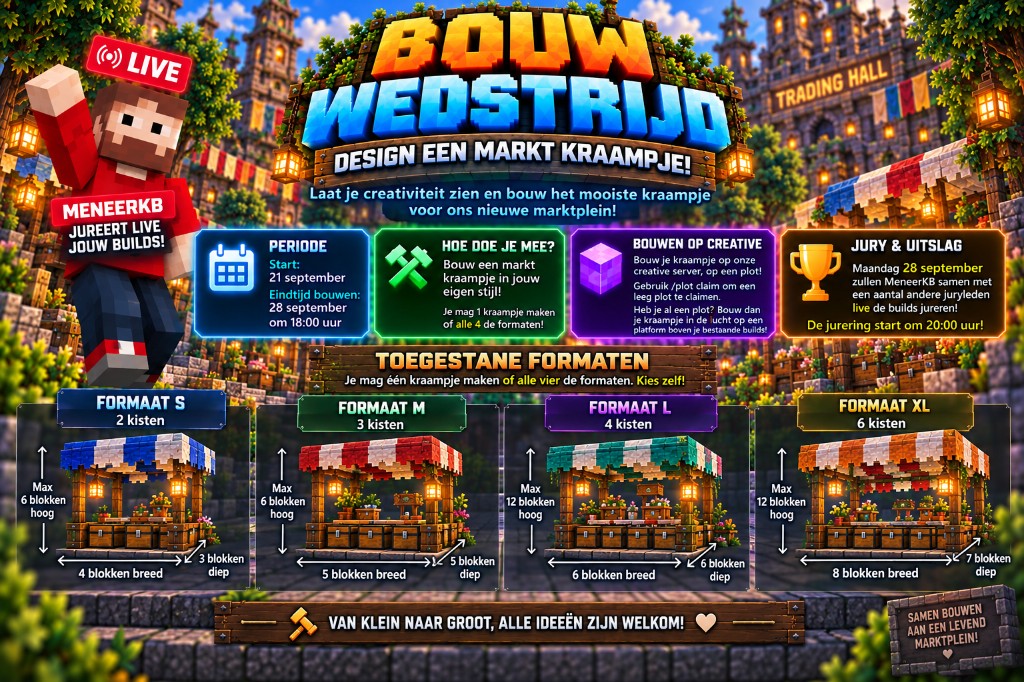 Bouw wedstrijd marktkraampje — start 21 september, bouwen tot 28 september 18:00, jury om 20:00, formaten S tot XL